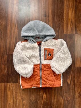 Volcom Warm Sherpa Coat w/ Hood, Zipper, & Pockets, Toddler 4T (Burnt Orange + C